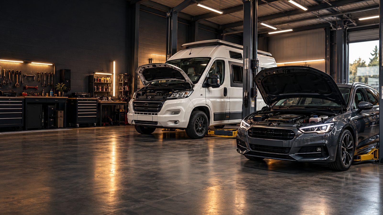 Illustrative photo of a modern workshop with a white camper van and car